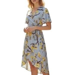 Angie Floral Wrap Maxi Dress Blue Yellow High Low Hem Women's M Beachy Cottage